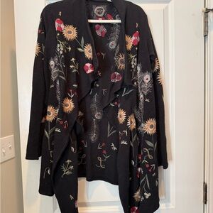 Johnny Was Black Cardigan with Floral Embroidery